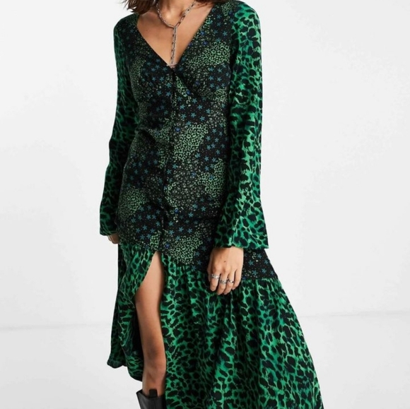 Topshop | Dresses | Topshop Cheetah Midi Button Up Dress Green | Poshmark
